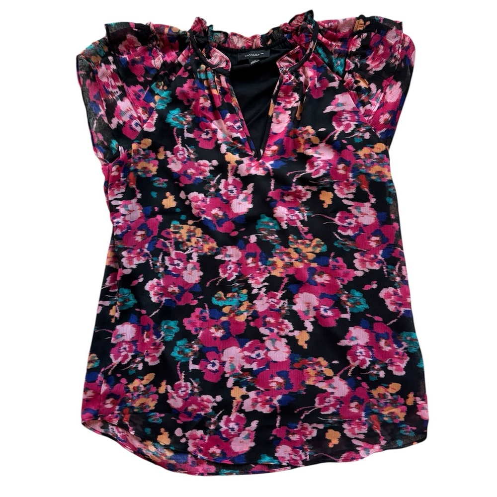 Women’s Floral Ruffle Neck Blouse Vneck top dressy size small